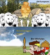 arm chad chad_thundercock clothes europe gigachad hand hands_up history indo_european irl_background multiple_soyjaks mustache nordic_chad open_mouth soyjak stubble text variant:excited_soyjak virgin_vs_chad // 852x926 // 1.1MB