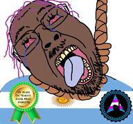 arch_linux argensimian argentina black_skin bloodshot_eyes countrywar crying glasses hanging oldfag purple_hair rope soyjak stubble tongue tranny variant:bernd // 768x719 // 149.6KB