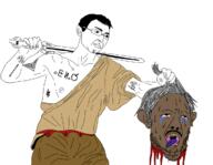 2soyjaks arm art blood bloodshot_eyes brown_skin chud classical_art_parody closed_mouth clothes crying ear glasses gore hair hand holding_object holding_severed_head holding_sword mustache nipple open_mouth redraw severed_head soyjak stubble sword tongue variant:bernd variant:chudjak weapon yellow_teeth // 1200x931 // 391.0KB