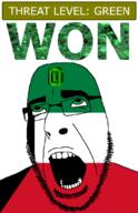 ahegao country emerald flag flag:kuwait gem glasses green green_eyes hair kuwait looking_up open_mouth schlog_color_event soyjak soyjak_blog stubble teeth text threat_level_green variant:cobson won // 721x1115 // 142.4KB