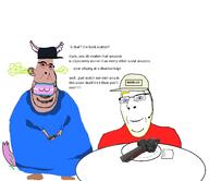 2soyjaks angry arm aryan bloodshot_eyes blue_eyes blue_shirt_ brown_skin clothes ear facemask fat full_body furry glasses gun hand hat holding_object mask nosebleed red_shirt scout_(tf2) shoe smile stink_lines stinky stubble subvariant:blobson subvariant:hornyson subvariant:nucob team_fortress_2 text tranny transgender_flag variant:cobson yellow_hair // 1934x1672 // 191.6KB
