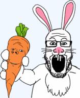 2soyjaks animal carrot ear fur glasses holding_object open_mouth series:animaljaks smile stubble teeth variant:gapejak variant:markiplier_soyjak // 1408x1724 // 445.4KB