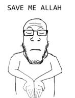 allah arm closed_eyes closed_mouth frown glasses hand islam jamd soyjak stubble text variant:markiplier_soyjak // 632x823 // 68.5KB
