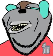 amerimutt black_sclera ear fangs furry jacket lips mitchel mutt oc open_mouth raccoon soyjak stubble subvariant:impish_amerimutt trash trash_can variant:impish_soyak_ears // 598x628 // 49.3KB