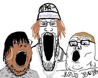 3soyjaks angel black_skin bladee brown_hair cap chain clothes drain_gang earring ecco2k glasses hair hat new_york_yankees open_mouth sadboys soyjak_trio stretched_mouth stubble tattoo variant:gapejak variant:markiplier_soyjak variant:tony_soprano_soyjak vip white_skin yellow_hair yung_lean // 828x655 // 182.6KB