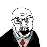 angry clothes glasses necktie open_mouth redraw soyjak stubble suit variant:feraljak // 1000x1000 // 26.2KB