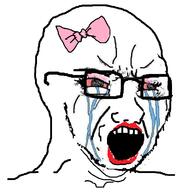 angry bloodshot_eyes bow chin crying glasses lips lipstick makeup open_mouth red_eyes soyjak trannynny variant:soyak // 697x737 // 203.1KB