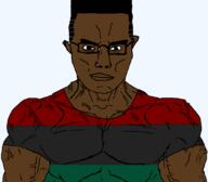 black_skin brown_eyes buff closed_mouth clothes flag flag:pan-african glasses hair pan_african soyjak subvariant:chudjak_front subvariant:muscular_chud tshirt variant:chudjak vein // 1059x929 // 21.8KB
