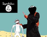 2soyjaks arm balaclava blood clothes dead decapitation drawn_background flag hand holding_knife holding_object irl isis islam knife mask monster murder soyjak subvariant:fingerboy terrorist variant:a24_slowburn_soyjak variant:impish_soyak_ears // 588x464 // 97.5KB