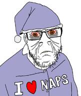 angry bloodshot_eyes brown_eyes clothes ear glasses hat i_love nap pajamas soyjak stubble text variant:feraljak wrinkles yellow_teeth // 946x1123 // 250.4KB