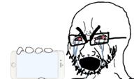 bloodshot_eyes crying glasses holding_phone open_mouth seethe seething soyjak stubble template thick_eyebrows variant:cryboy_soyjak // 1700x1012 // 163.1KB