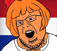 blue_eyes clothes flag flag:netherlands glasses hair mymy netherlands ongezellig open_mouth orange orange_hair orange_skin soyjak teeth variant:shotjak // 574x514 // 112.4KB