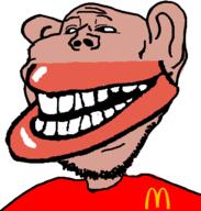 amerimutt black_sclera brown_skin clothes ear lips mcdonalds mutt open_mouth red_shirt skinny smile soyjak stubble subvariant:impish_amerimutt trollface variant:impish_soyak_ears // 598x628 // 17.3KB