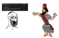 beard bloodshot_eyes chad chad_thundercock clothes crying glasses hat int_(4chan) israel judaism kippah large_eyebrows large_nose nebuchadnezzar open_mouth screenshot soyjak stretched_mouth text variant:soyak virgin_vs_chad // 1878x1190 // 250.9KB