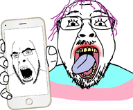 balding glasses hair hand holding_object holding_phone lipstick looking_at_you mustache open_mouth phone purple_hair showing_something soyjak stubble tongue tranny transgender_flag troon variant:bernd variant:cobson white_background // 1200x994 // 324.0KB