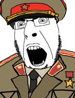 angry cap clothes collar_tabs communism epaulettes glasses hammer_and_sickle hat kuz medal military_uniform open_mouth soviet_army_uniform soyjak star stubble uniform variant:cobson // 600x784 // 220.1KB