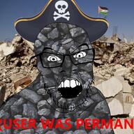 angry captain_coal clothes coal coal_skin flag glasses hat irl_background open_mouth palestine pirate pirate_hat skull soyjak soyjak_party stubble text variant:feraljak // 1500x1500 // 2.0MB