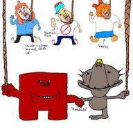 5soyjaks anti_ongezellig bloodshot_eyes blue_hair bowtie boyfriend_(friday_night_funkin') cap celeste closed_mouth clothes crying freckles friday_night_funkin' full_body hair handshake hanging hat holding_object holding_rope lynching madeline_(celeste) meat_boy mustache mymy_(ongezellig) newgrounds oddworld ongezellig orange_hair orange_skin rope sharp_teeth skirt smile soyjak subvariant:munch super_meat_boy text tongue variant:bernd variant:impish_soyak_ears video_game white_skin yellow_teeth // 1998x1916 // 146.6KB