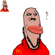 amerimutt big_lips fusion mcdonalds question_mark red_shirt subvariant:euromutt subvariant:impish_amerimutt subvariant:ozempicmutt variant:impish_soyak_ears variant:markiplier_soyjak // 1000x1000 // 55.6KB