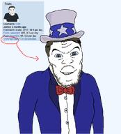 1776 H3K_(namefag) artist:toniylijani aryan blue_eyes bowtie brown_hair buff clothes eyes_like_the_o-o-cean get hat muscular_male open_mouth smile stars stubble subvariant:feralaryan suit uncle_sam united_states variant:feraljak // 1179x1303 // 63.2KB