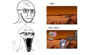 anime arm concerned frown glasses hand hands_up japan mars open_mouth planet soyjak soyjak_comic space stubble subvariant:soyak_(irritated) subvariant:wewjak text thing_japanese variant:soyak // 680x383 // 157.9KB