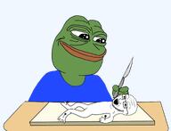 amphibian blue_shirt frog holding_object holding_scalpel ian meta:dailyjak nas:pepe on_table pepe_the_frog scalpel smile table torture variant:soyak // 2124x1631 // 746.1KB