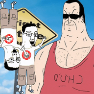 3soyjaks animated arm buff chud clothes gigachud glasses hair hand hands_up irl_background leg mister_metokur nazism open_mouth pol_(4chan) soyjak swastika tshirt variant:chudjak // 960x540 // 1.0MB