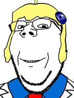 badge clothes glasses hair knowyourmeme smile soyjak stubble subvariant:wholesome_soyjak text variant:gapejak yellow_hair // 600x800 // 79.4KB