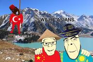 3soyjaks asian beard brown_eyes brown_skin china clothes country flag:china flag:kazakhstan flag:turkiye friendship full_body glasses hand hanging hat irl_background kazakhstan lake mountain open_mouth rope rotten_teeth smile teeth text turkiye variant:bernd variant:cobson variant:feraljak yellow_skin // 1081x720 // 579.4KB