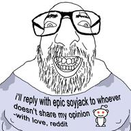 beard clothes fat glasses gynaecomastia half_open_mouth reddit reddit_moment redditard snoo soyjak stain text variant:israeli_soyjak // 1500x1500 // 170.9KB