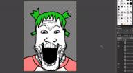 4chan animated animation anime clothes coomer fat gimp gimp_(photo_manipulation_program) green_hair hair open_mouth skeleton soyjak stubble variant:markiplier_soyjak wrinkles yotsoyba // 600x330 // 868.7KB