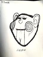 art black_and_white closed_mouth doll drawfag drawing ear hair horror horror_movie ink jigsaw_(saw) makeup meta:soytober meta:soytober2025 red_eyes scary soyjak stubble text variant:impish_soyak_ears // 3000x4000 // 7.6MB