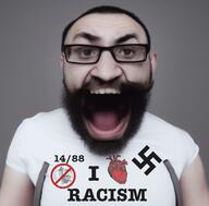 1488 ai_generated badge beard clothes glasses hair i_love irl judaism nazism open_mouth racism subvariant:science_lover swastika variant:markiplier_soyjak white_skin // 512x504 // 283.1KB