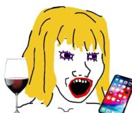 female glass hair iphone makeup open_mouth phone soyjak subvariant:female_soyak variant:soyak wine wine_aunt yellow_hair // 1200x1026 // 773.4KB