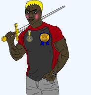 arm award badge blush brown_skin buff closed_mouth clothes eyebrows full_body glasses hair hand holding_object holding_sword jawline leg lips looking_to_the_left muscles nate nose nusoi nusoicaca smile soot_colors soyjak_party stubble subvariant:hunky_twink_sex_machine sword text transparent_background variant:chudjak vein wrinkles wristwatch yellow_hair // 1834x1913 // 260.7KB
