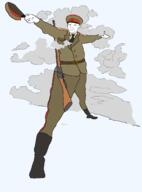 army belt boots cecil_rhodes closed_mouth clothes cloud collar_tabs communism ear epaulettes firearm full_body gun hammer_and_sickle hat holding_object kgb kolyma kuz military military_uniform necktie rifle smile soviet_army_uniform soviet_union soyjak star suit template total_nigger_death variant:kuzjak weapon // 1692x2289 // 230.9KB