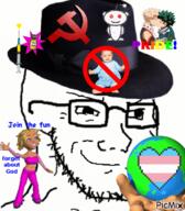 animated atheism baby boku_no_hero_academia clothes communism earth fedora flag gay glasses hammer_and_sickle hand hat heart logo picmix planet reddit smile smug snoo soyjak stubble syringe text tranny vaccine variant:soyak // 438x500 // 363.4KB