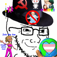 animated atheism baby boku_no_hero_academia clothes communism earth fedora flag gay glasses hammer_and_sickle hand hat heart logo picmix planet reddit smile smug snoo soyjak stubble syringe text tranny vaccine variant:soyak // 438x500 // 363.4KB