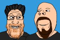 2soyjaks are_you_soying_what_im_soying bald beard blue_background curly_hair gamer glasses goatee italians italy quei_due_sul_server subvariant:wholesome_soyjak variant:gapejak variant:markiplier_soyjak youtuber // 1200x800 // 137.6KB