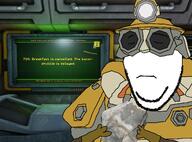 arm closed_eyes closed_mouth clothes deep_rock_galactic goggles hand holding_object its_over soyjak subvariant:wholesome_soyjak text variant:gapejak video_game // 1464x1080 // 1.6MB