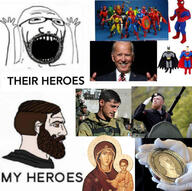 arm batman batman_(series) captain_america coin dc_comics distorted givi glasses gold hand hands_up iron_man joe_biden marvel motorola nordic_chad open_mouth orthodox_church russia russo_ukrainian_war soyjak spiderman stubble superman text ukraine united_states variant:excited_soyjak venom vladimir_putin vokha wolverine // 828x825 // 183.8KB