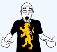 animal arm british ceredigion clothes ear flag flag:ceredigon glasses hair hand lion open_mouth pointing soyjak stubble teeth tshirt united_kingdom variant:shirtjak wales // 1236x1118 // 122.0KB