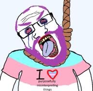 anhero crying dishonest heart i_love mascara misinterpreting purple_beard purple_eyebrows purple_hair rope subvariant:science_lover suicide text tranny variant:markiplier_soyjak // 800x789 // 102.9KB