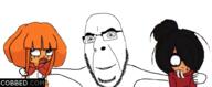 arm blacked bowtie clothes female glasses hand holding_object maya_(ongezellig) mymy ongezellig orange_hair orange_skin queen_of_spades smile soyjak stubble tattoo text variant:cobson // 1003x413 // 1.6MB
