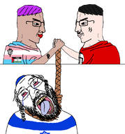 beard black_lives_matter bloodshot_eyes brown_skin clothes crying flag:nazi_germany flag:palestine flag:transgender_pride_flag free_palestine furry glasses hair handshake hanging hat jewish_nose judaism kike kippah mustache nazism open_mouth palestine pink_hair rope schutzstaffel side_profile soyjak suicide tranny variant:bernd variant:chudjak white_skin // 1560x1677 // 220.0KB