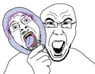 2soyjaks ack bait glasses hand holding_object mask open_mouth purple_hair screaming soyjak stubble tongue tranny unmasked variant:bernd variant:maskjak wrinkles yellow_teeth // 1210x945 // 190.4KB