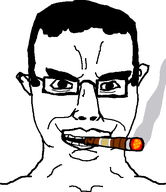 biting cigar ear fire front_facing glasses hair half_open_mouth looking_at_you smile smoke smoking soyjak subvariant:chudjak_front teeth tuff variant:chudjak white_background // 484x561 // 11.8KB