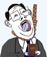 bible bloodshot_eyes clothes crying ear glasses hair holding_object necktie open_mouth rope soyjak suicide suit tongue variant:protestantjak yellow_teeth // 1472x1802 // 896.0KB