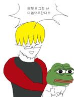 amphibian beard black_shirt frog glasses korean korean_text nas:pepe nate pepe pepe_the_frog smile soyteen speech_bubble text variant:unknown yellow_hair // 1024x1336 // 68.8KB