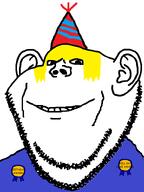 award birthday birthday_hat blonde_hair_ blue_shirt caden_(user) cake red_and_blue_birthday_hat red_and_blue_party_hat variant:impish_soyak_ears yellow_hair // 598x800 // 37.9KB